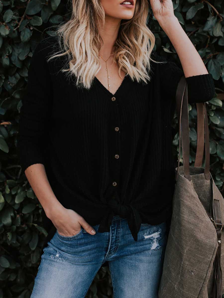Stunncal Long Sleeve V-Neck Cardigan T-Shirt Bottom Shirt