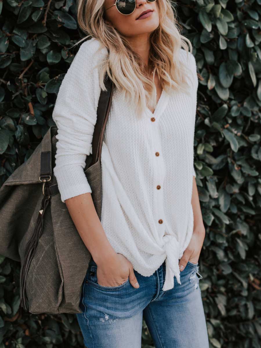 Stunncal Long Sleeve V-Neck Cardigan T-Shirt Bottom Shirt