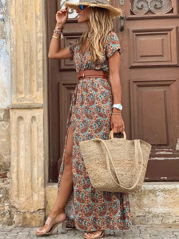 Stunncal Boho Style V-neck Floral Belt Dress (7 colors)