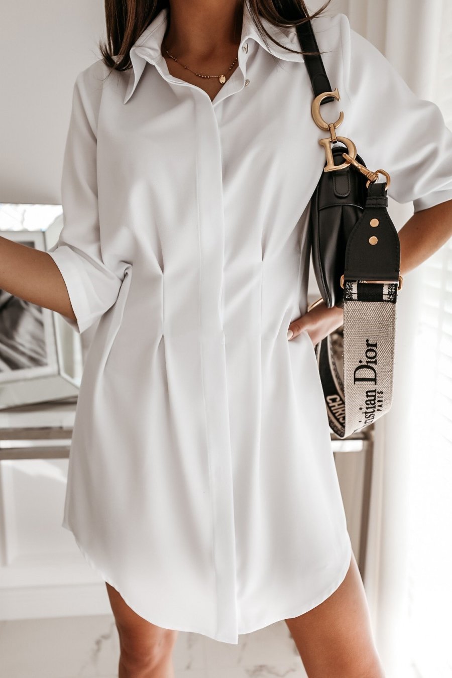 Stunncal Solid Color Shirt Collar Mini Dreess