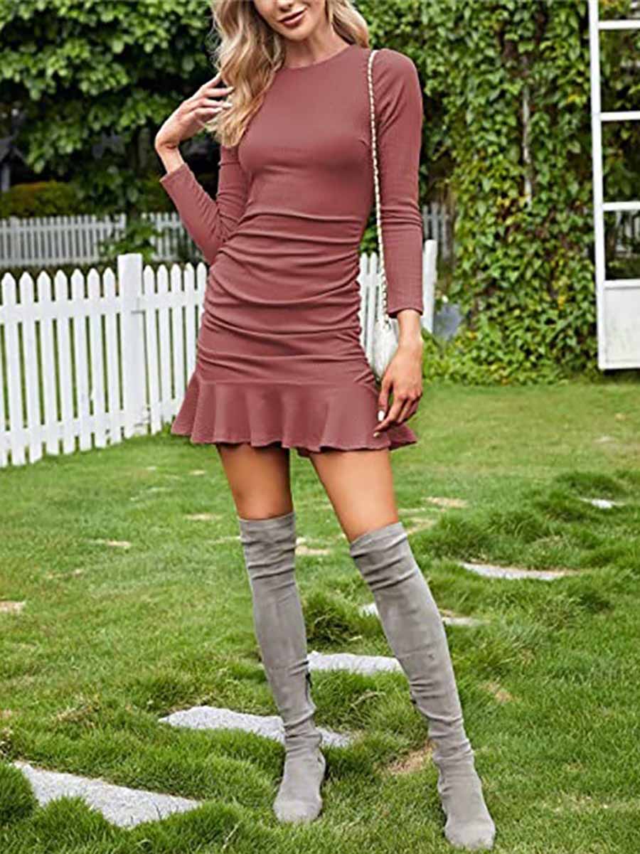 Stunncal Sexy Pleated Tight Knit Long Sleeve Dress(8 colors)