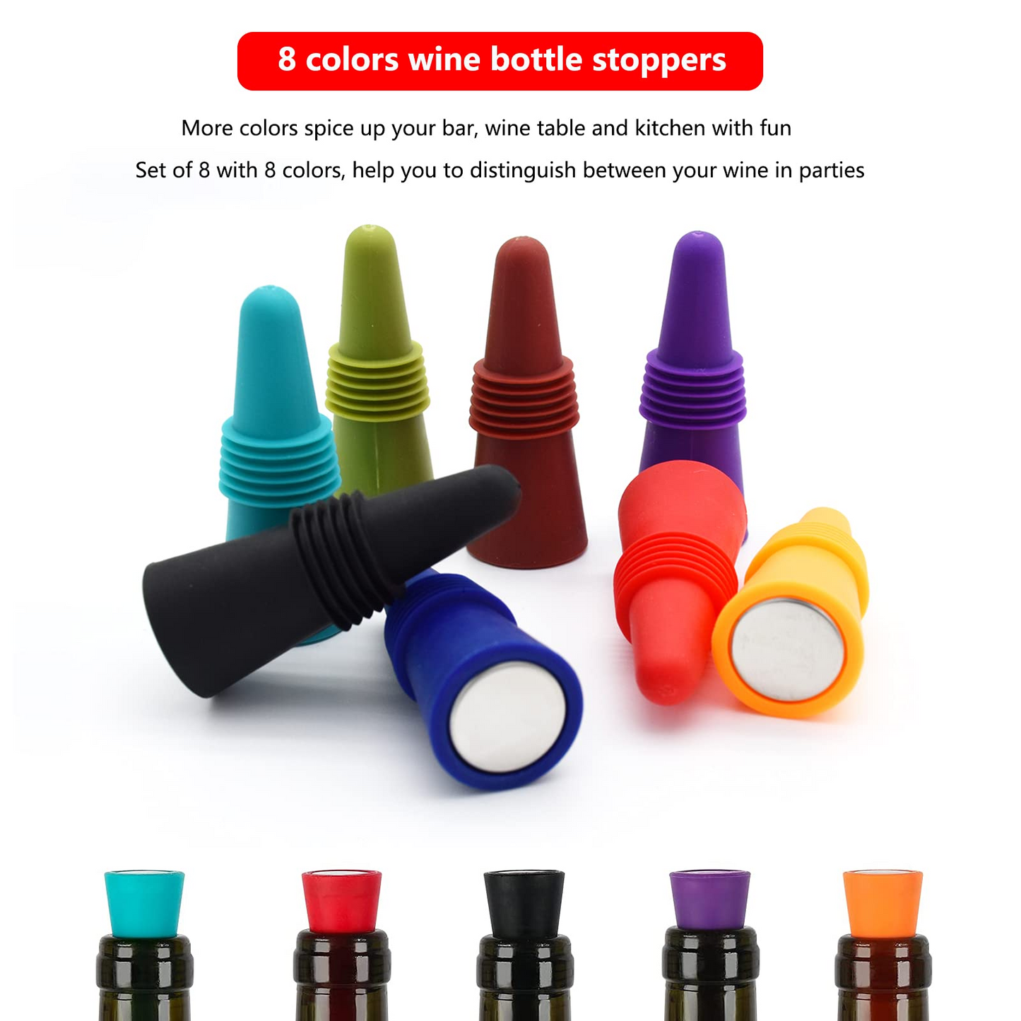 8-Pack Colorful Silicone Wine Bottle Stoppers – Reusable, Airtight Seal