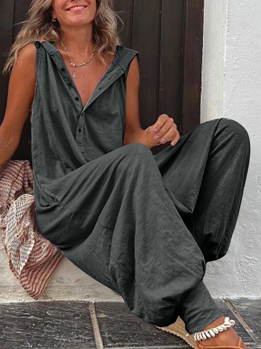 Stunncal Buttoned Hooded Sleeveless Pants Jumpsuit