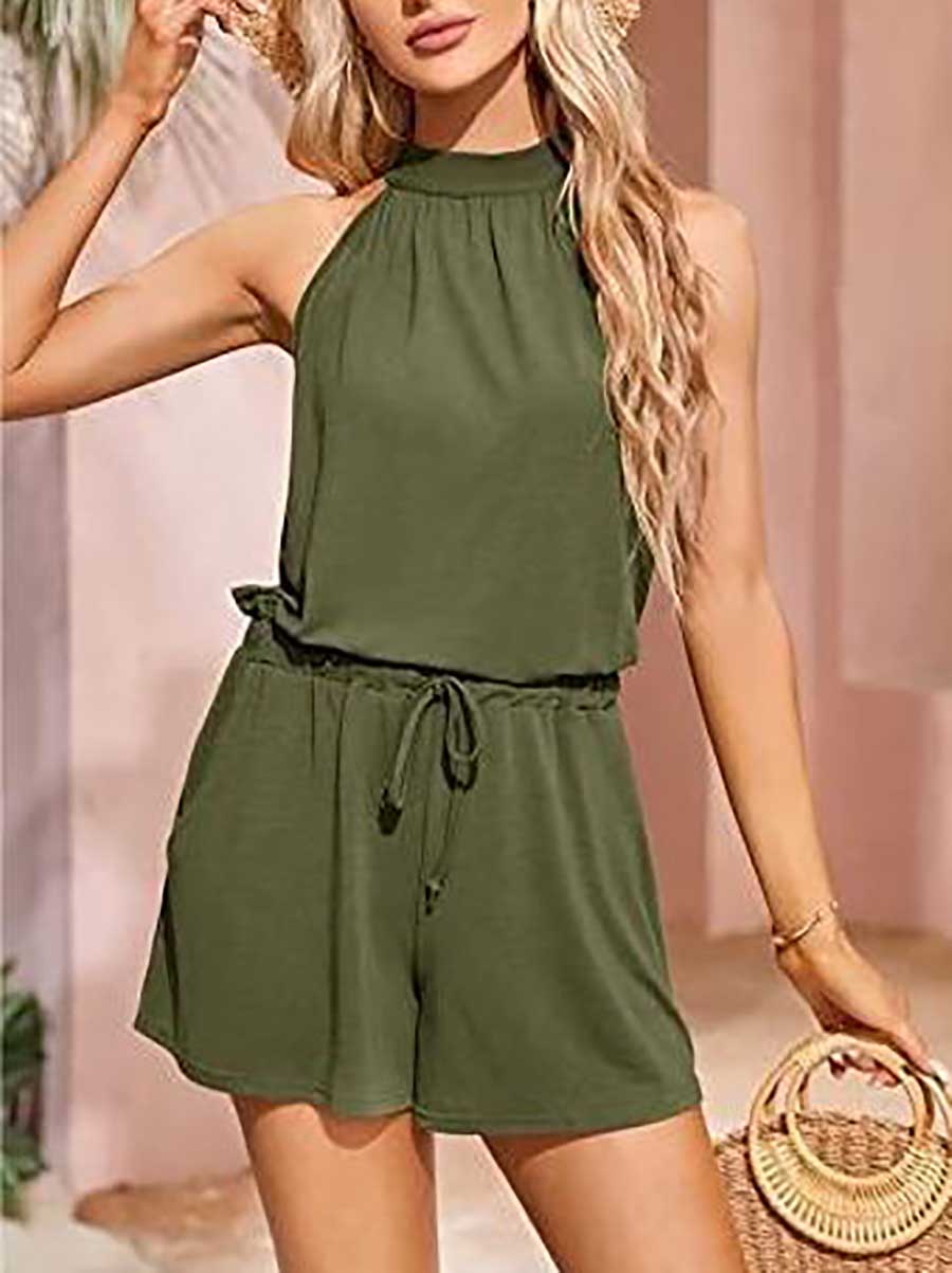Stunncal Elegant Waist Tie Sleeveless Hanging Neck Loose Shorts Printed Jumpsuit