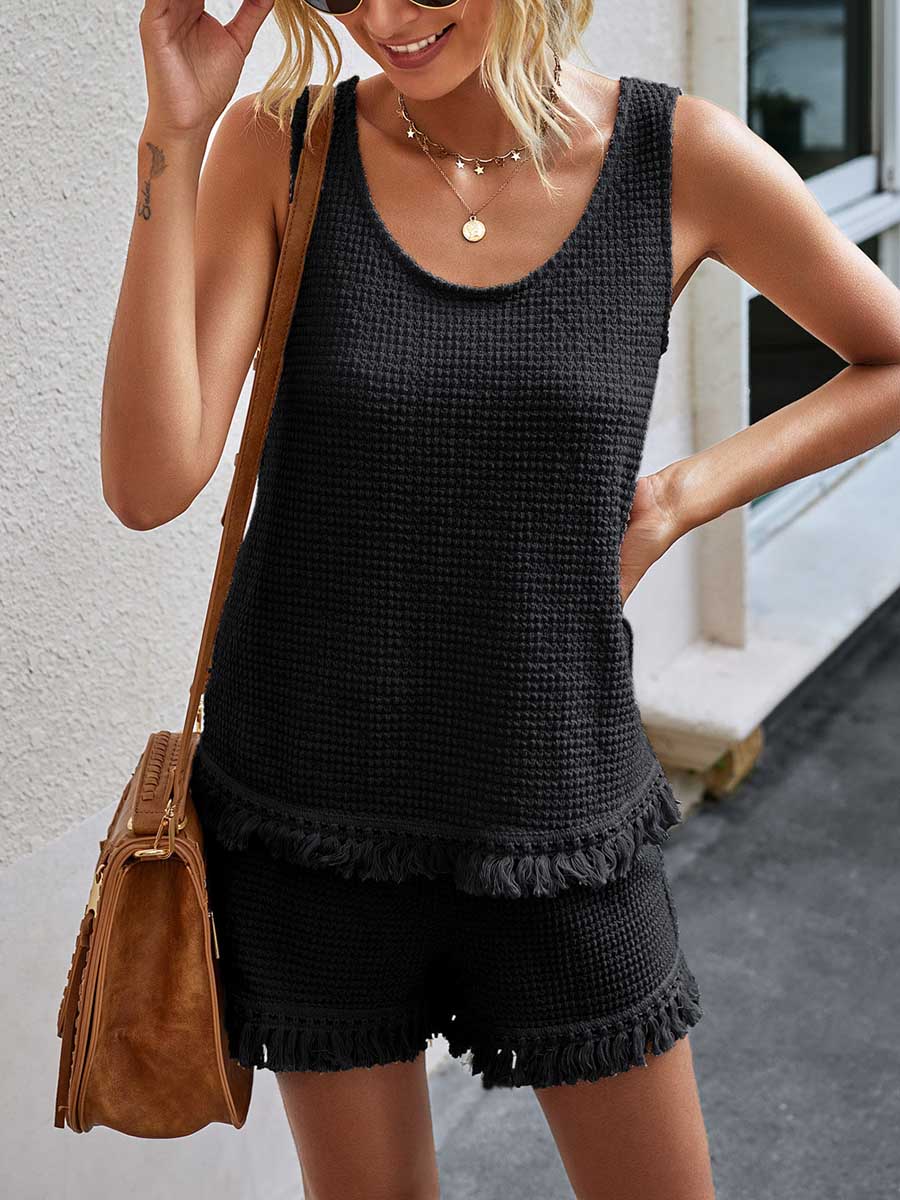 Stunncal Fashion Fringe Vest Casual Women's Shorts Set