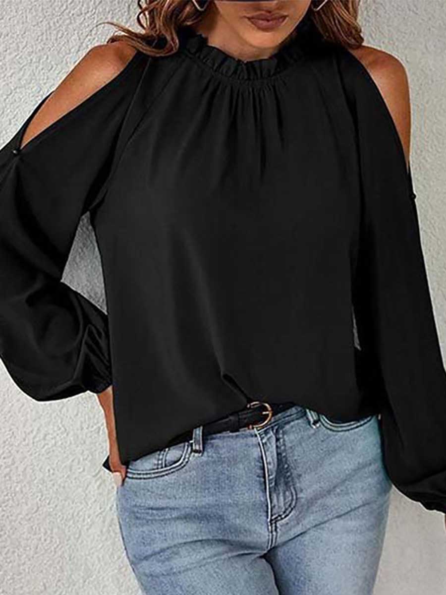 Stunncal Round neck off-shoulder chiffon shirt