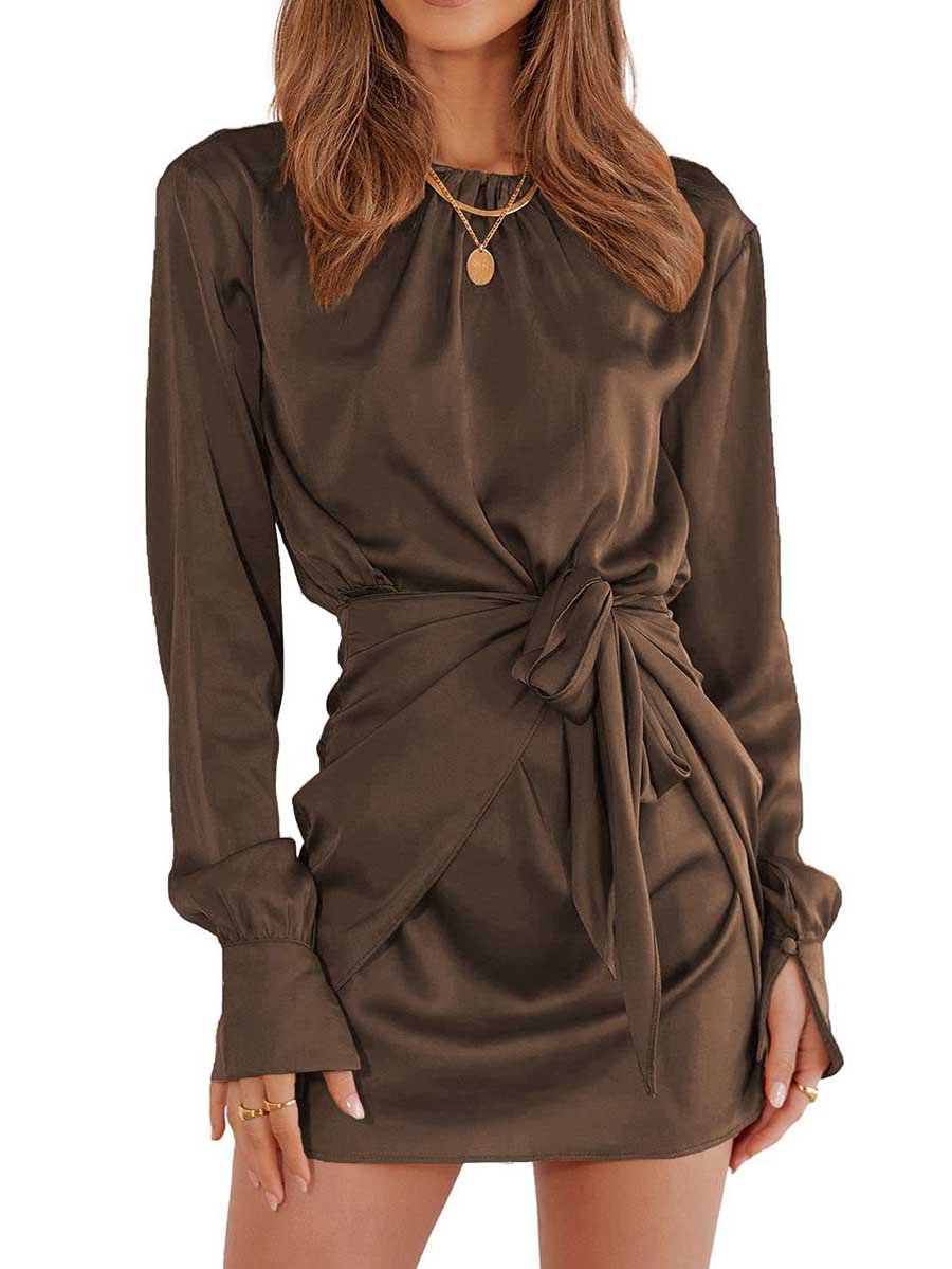 Stunncal Long Sleeve Round Neck Tie Dress