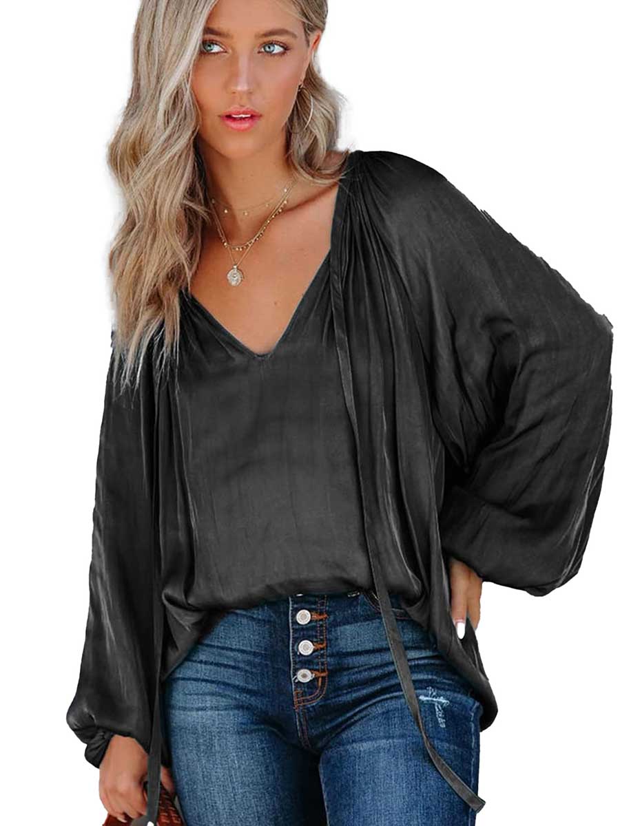 Stunncal Satin Lantern Sleeve V-Neck Tie Top