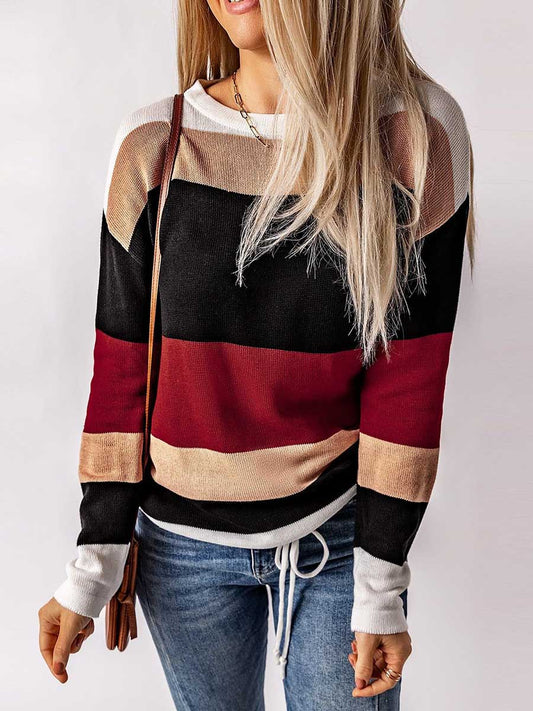 Stunncal Drawstring Sweater Crew Neck Striped Pullover
