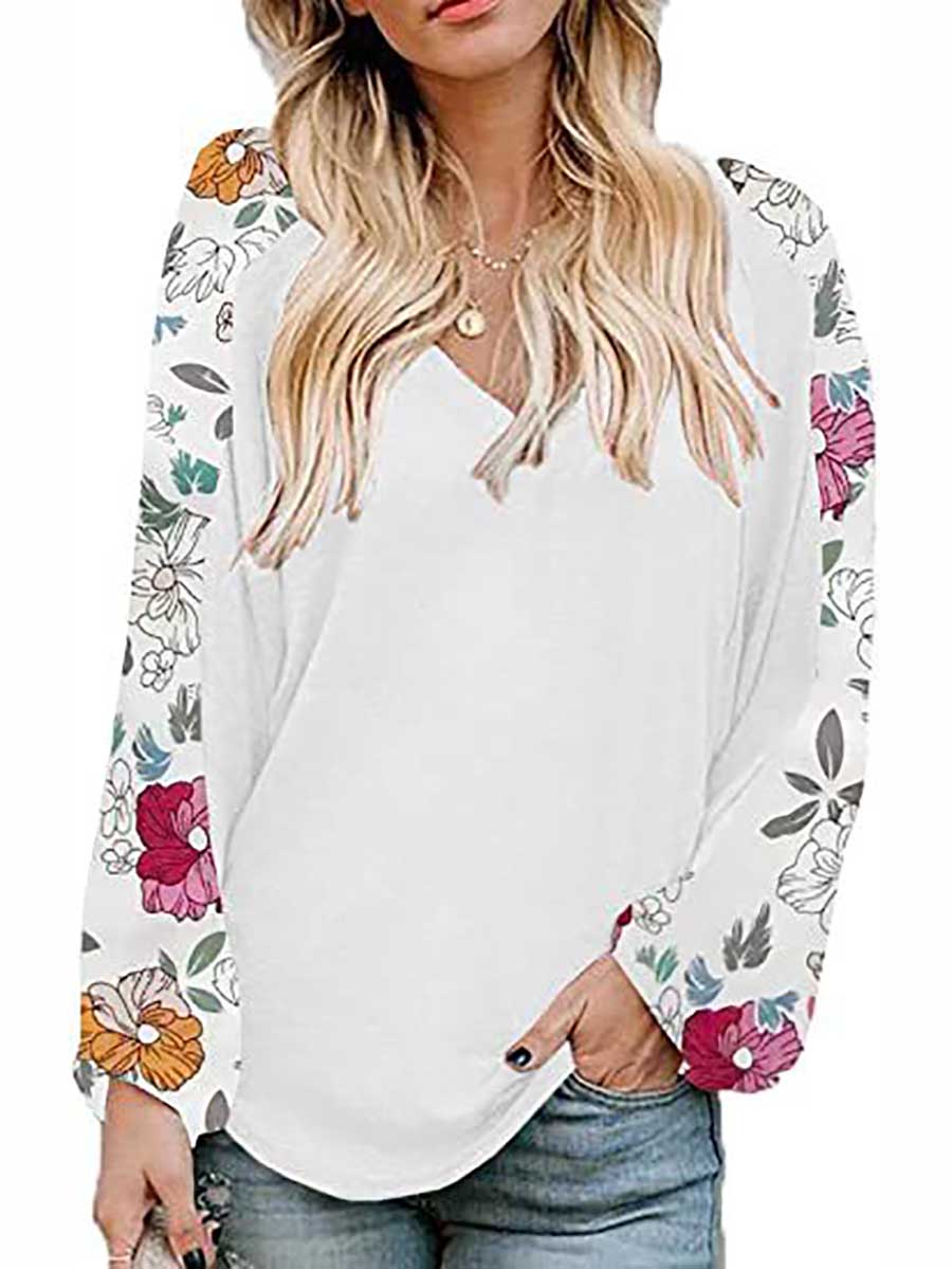 Stunncal V-Neck Printed Bubble Sleeve Long Sleeve T-Shirt