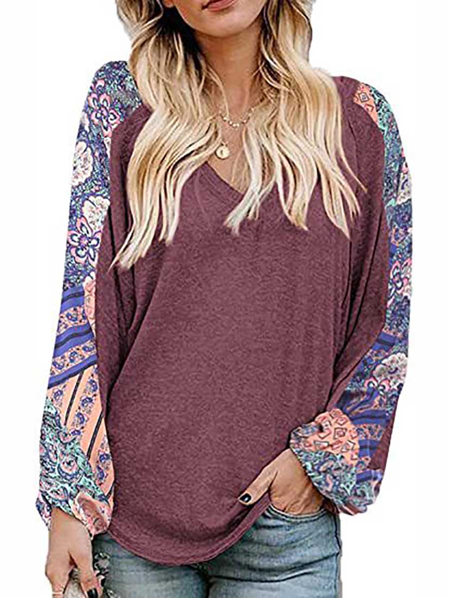 Stunncal V-Neck Printed Bubble Sleeve Long Sleeve T-Shirt