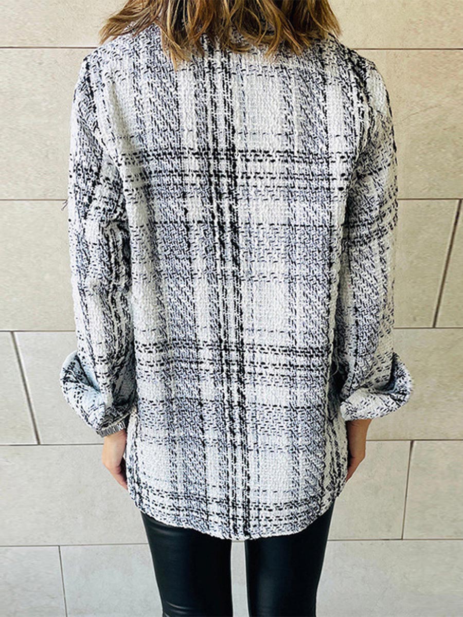 Stunncal Elegant Plaid Buttons Turndown Collar Outerwear