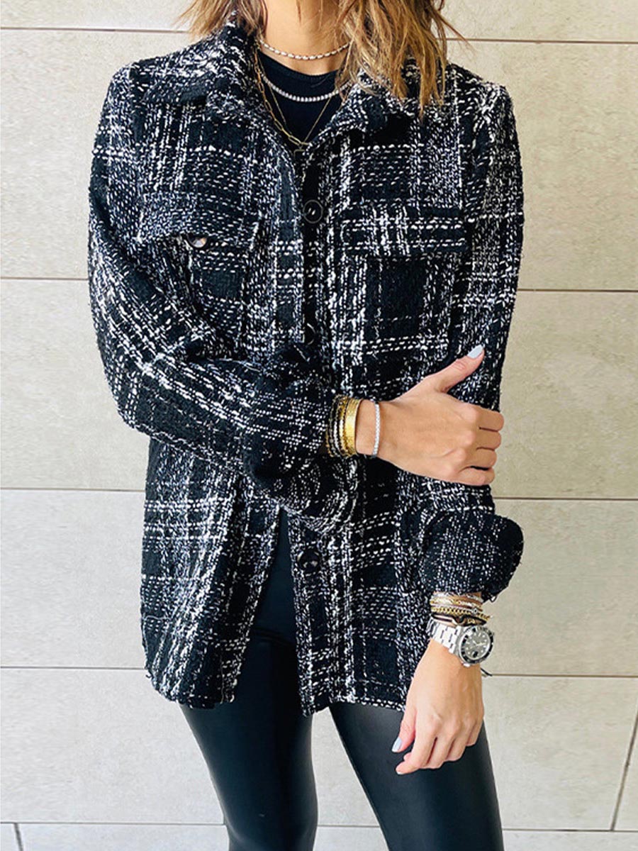 Stunncal Elegant Plaid Buttons Turndown Collar Outerwear