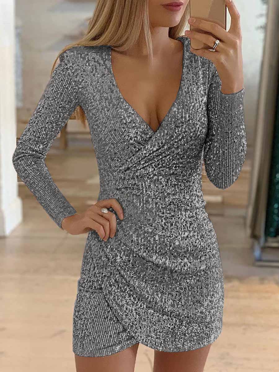 Stunncal V-Neck Irregular Sequin Party Dress(9 colors)