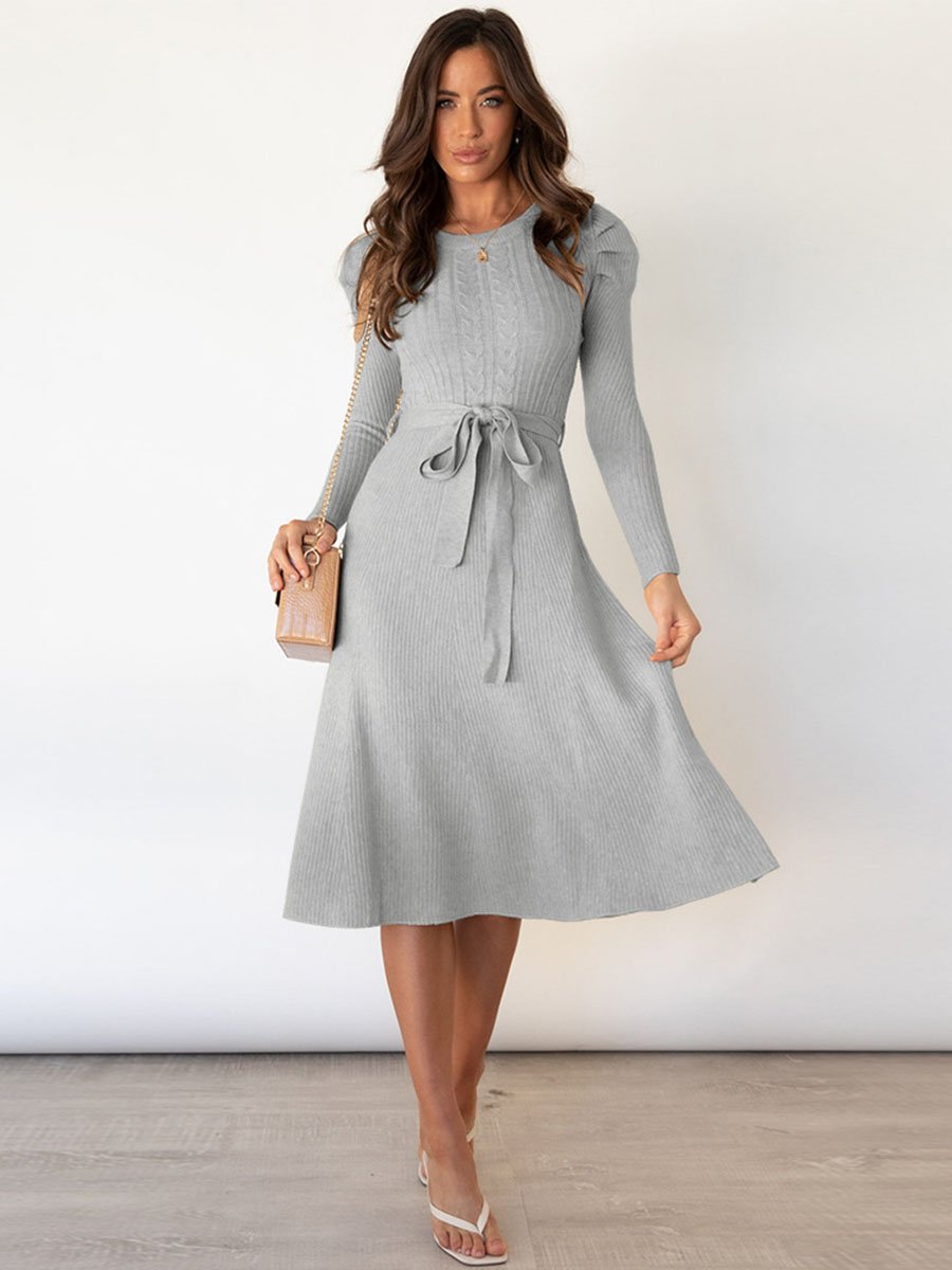Stunncal Bubble Sleeve Belt Knit Dress (5 colors)