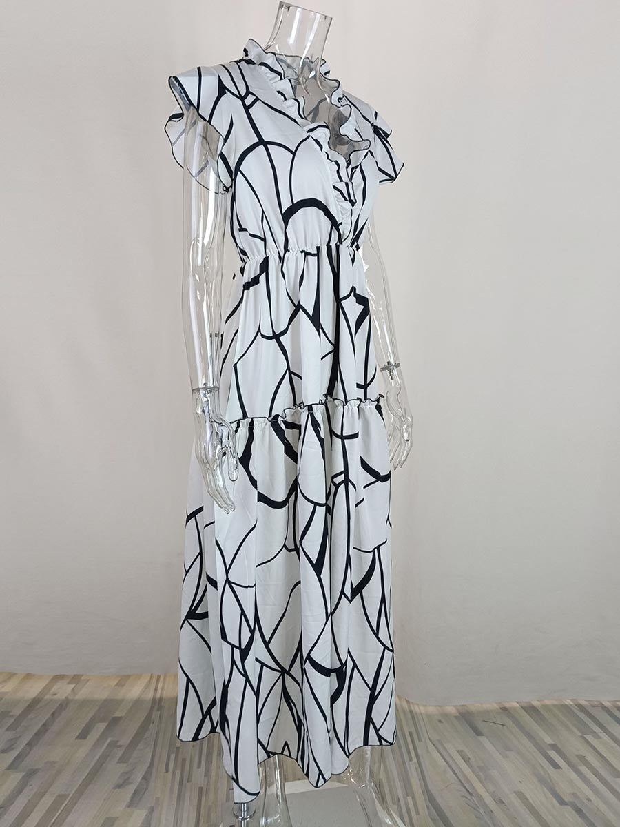 Stunncal V-Neck Print Pleated Sleeveless Dress