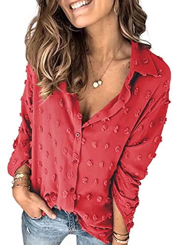 Stunncal Astylish Women Pompom Button Down Shirt Casual Blouse Top