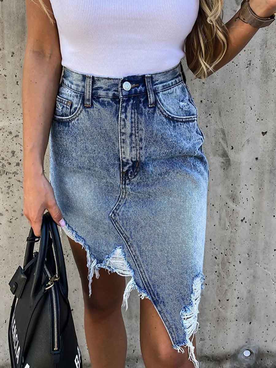 Stunncal Irregular Fringed Denim Skirt