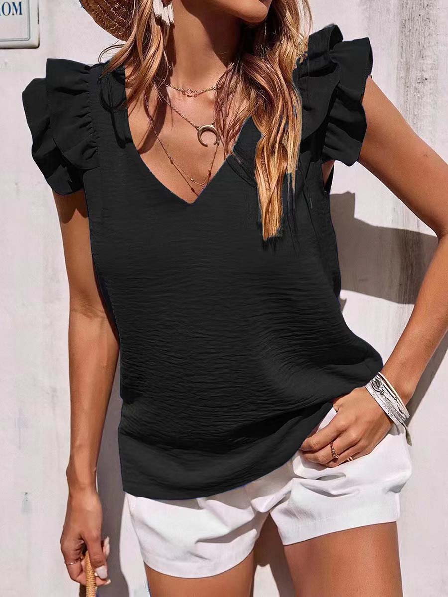 Stunncal Casual V-Neck Ruffle Sleeveless Shirt (5 Colors)