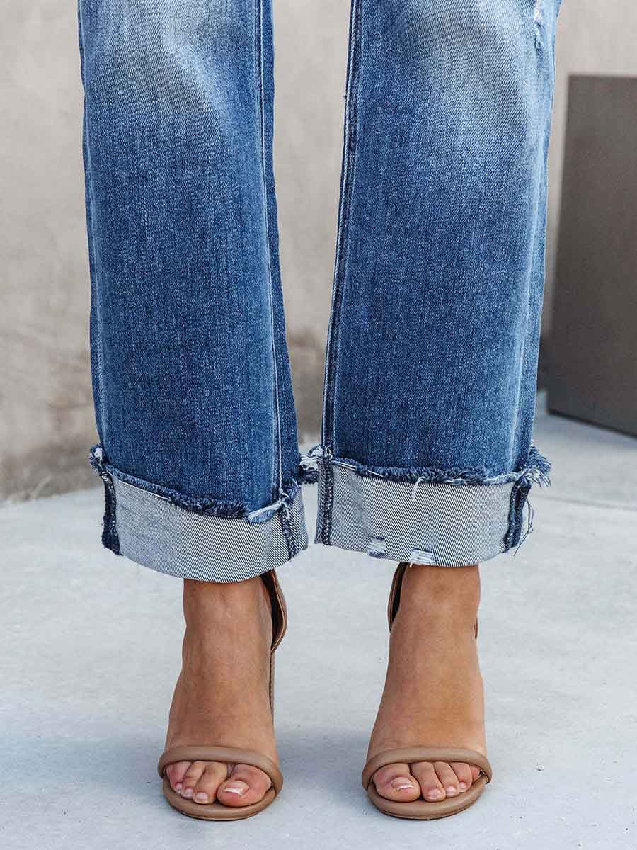 Stunncal Casual Street Solid Make Old Asymmetrical Straight Denim Jeans