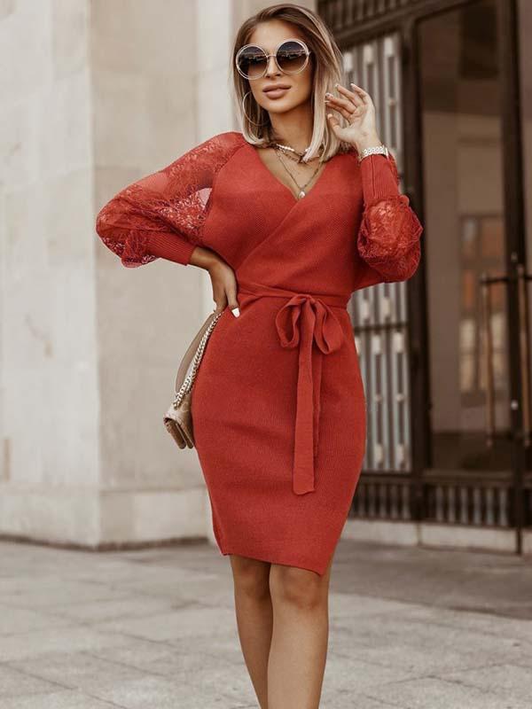 Stunncal Lace V-Neck Knitted Dress