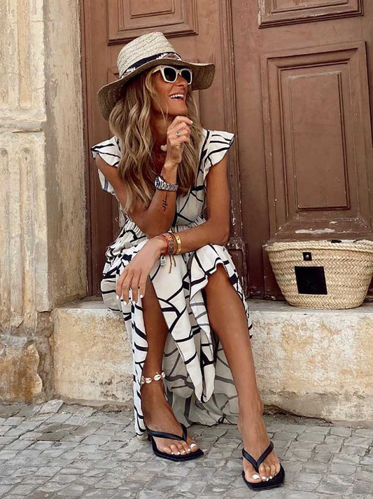 Stunncal V-Neck Print Pleated Sleeveless Dress