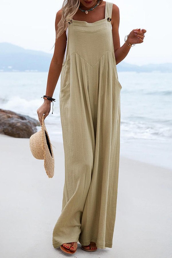Stunncal Ethnic Button Suspender Wide Leg Line Jumpsuit