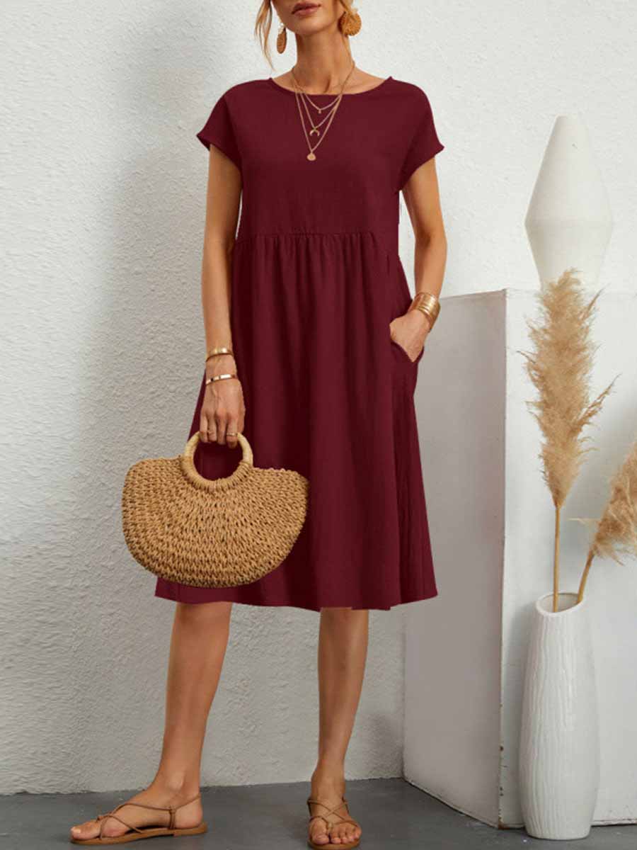 Stunncal Casual Solid Patchwork O Neck A Line Short Sleeve Dress(11 Colors)