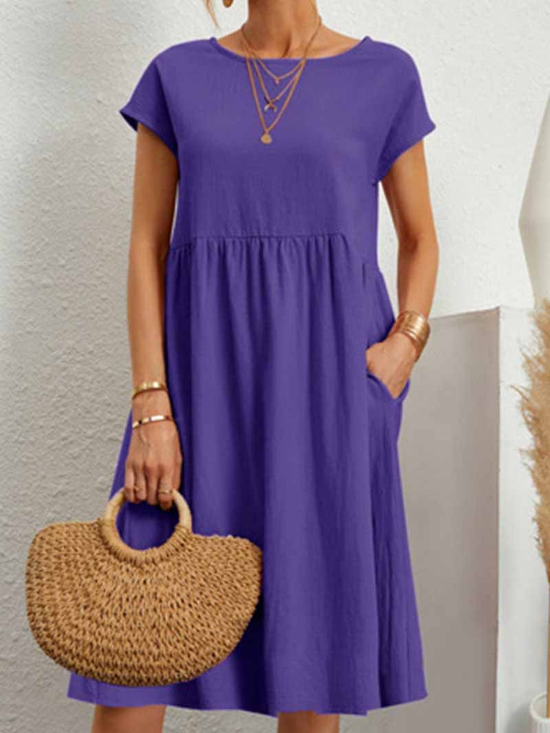 Stunncal Casual Solid Patchwork O Neck A Line Short Sleeve Dress(11 Colors)
