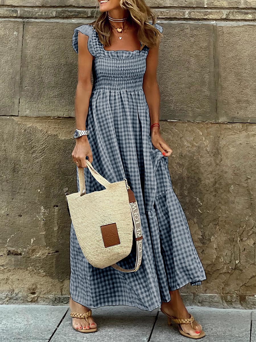 Stunncal Collage Plaid Halter Casual Big Hem Dresses