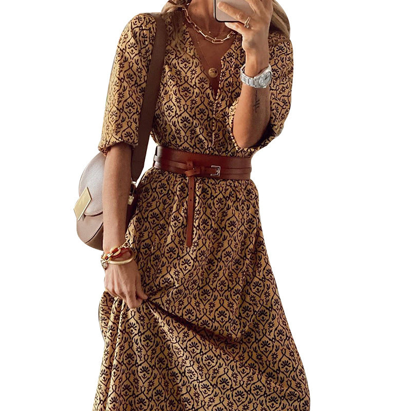 Stunncal Bohemian Print Short-Sleeved V-Neck Dress