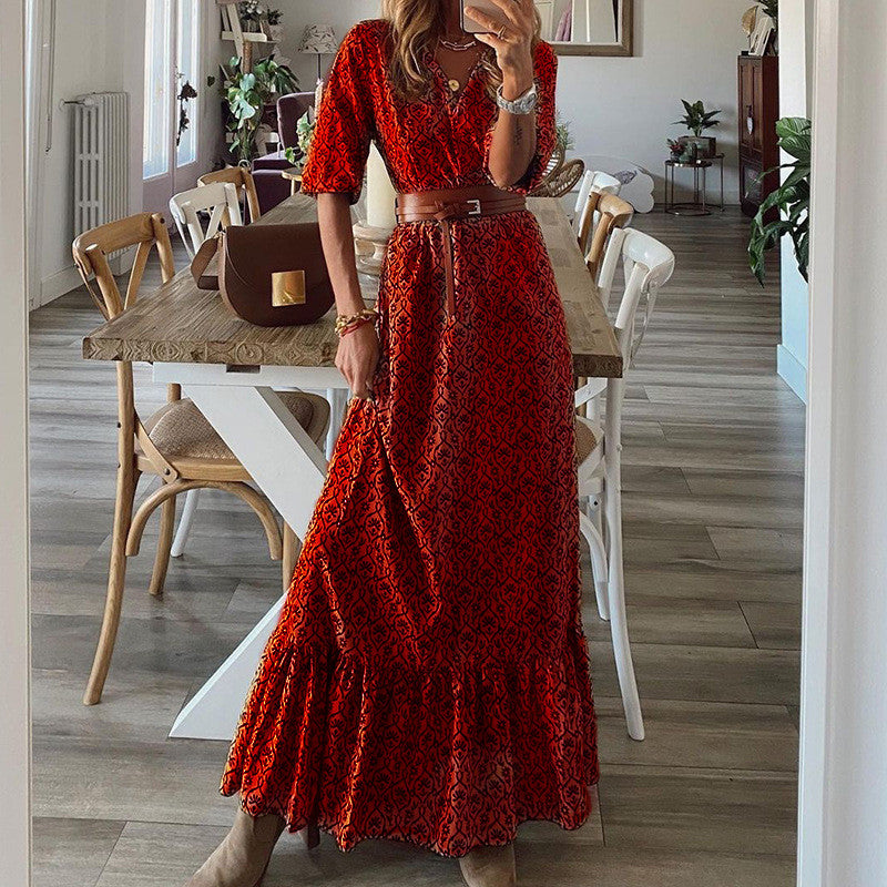 Stunncal Bohemian Print Short-Sleeved V-Neck Dress