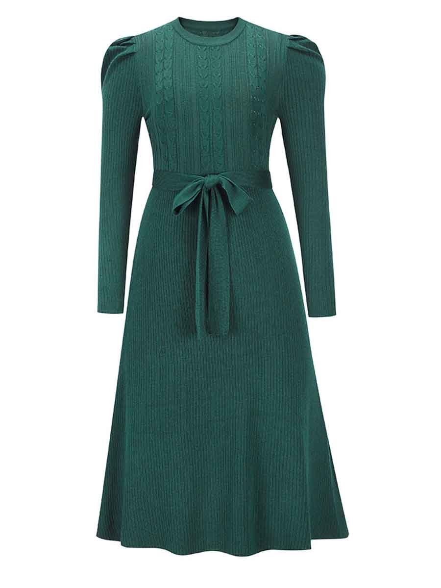 Stunncal Bubble Sleeve Belt Knit Dress (5 colors)