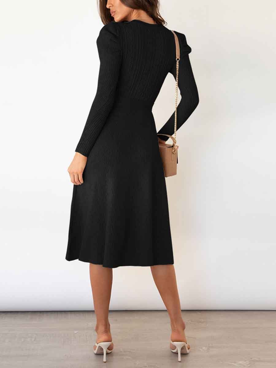 Stunncal Bubble Sleeve Belt Knit Dress (5 colors)