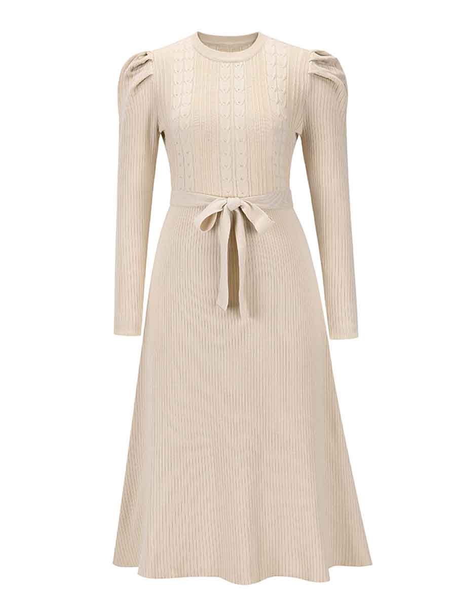 Stunncal Bubble Sleeve Belt Knit Dress (5 colors)